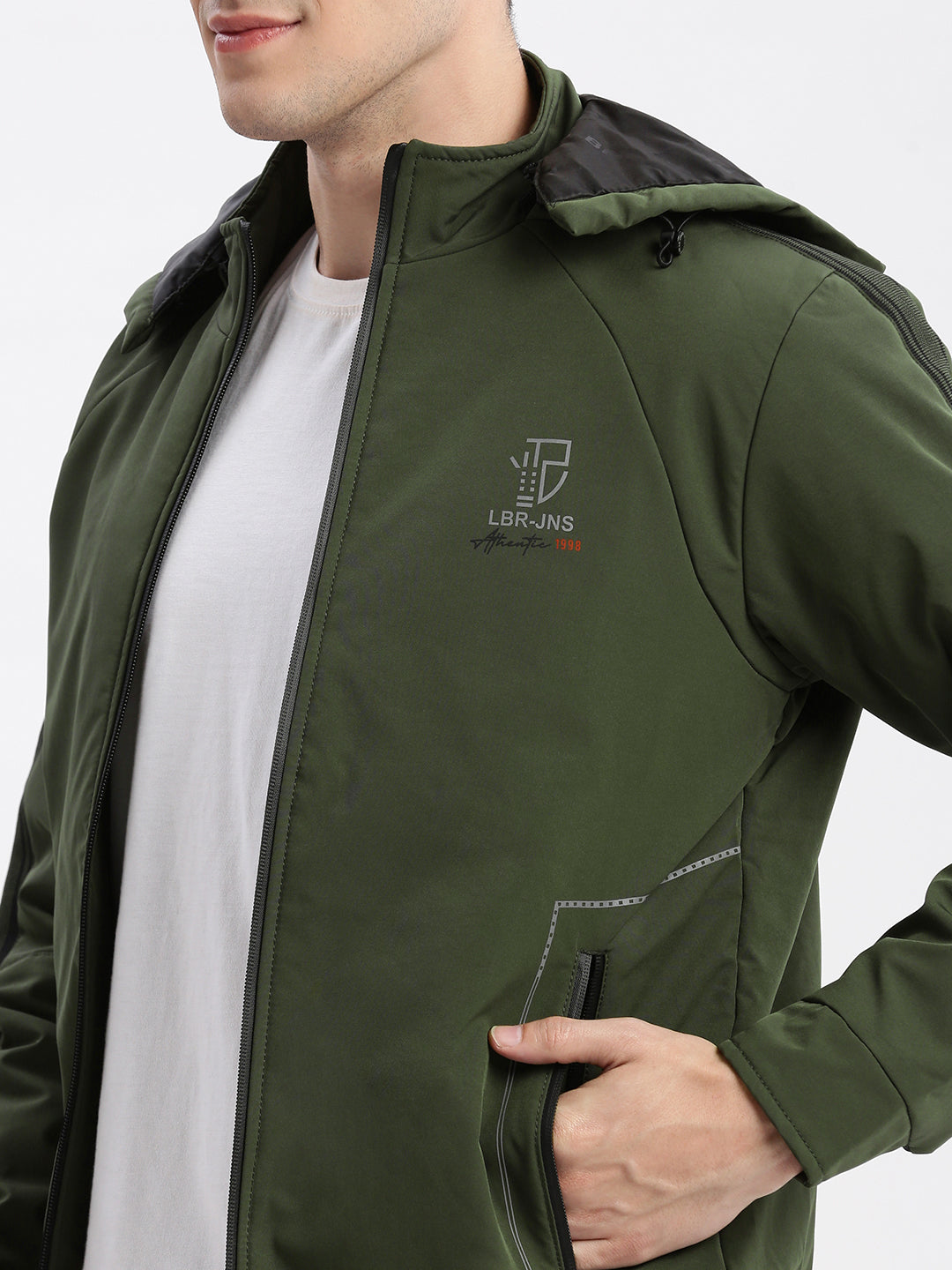 Men Solid Mock Collar Olive Bomber Jacket Comes with Detachable Hoodie