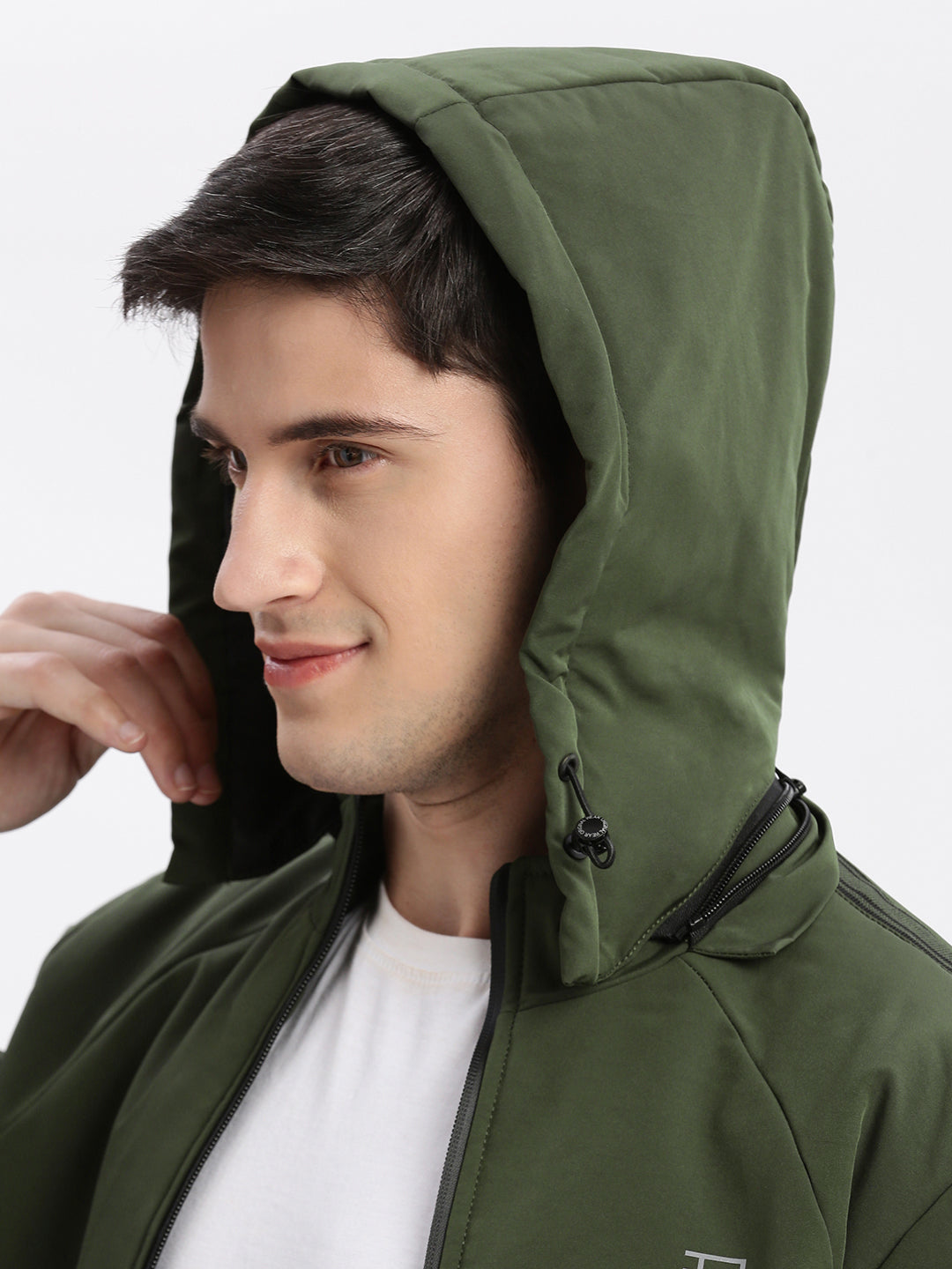 Men Solid Mock Collar Olive Bomber Jacket Comes with Detachable Hoodie