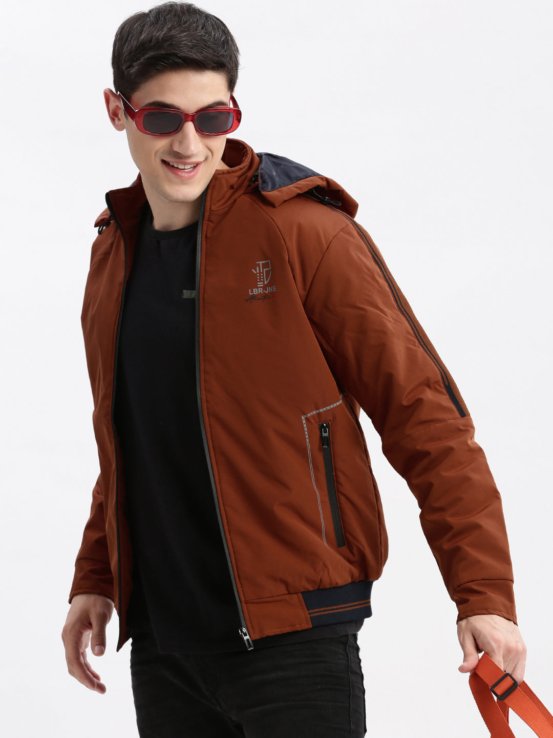 Men Solid Mock Collar Rust Bomber Jacket Comes with Detachable Hoodie