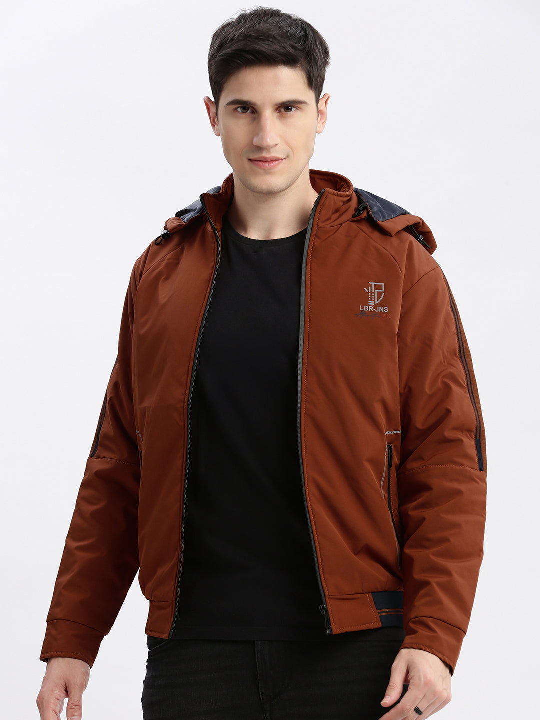 Men Solid Mock Collar Rust Bomber Jacket Comes with Detachable Hoodie