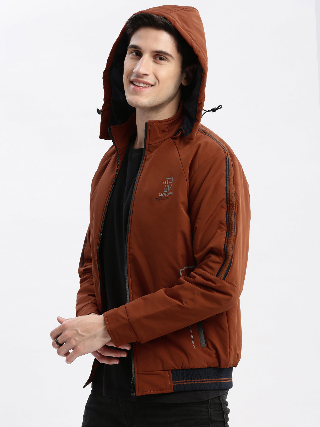 Men Solid Mock Collar Rust Bomber Jacket Comes with Detachable Hoodie