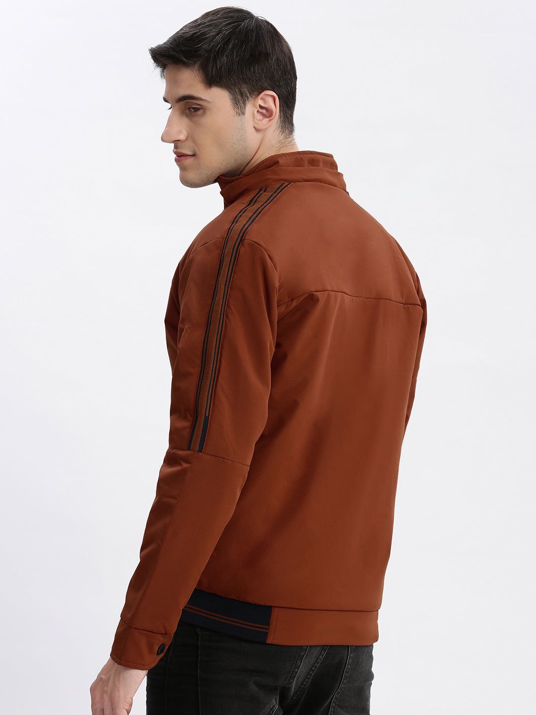 Men Solid Mock Collar Rust Bomber Jacket Comes with Detachable Hoodie