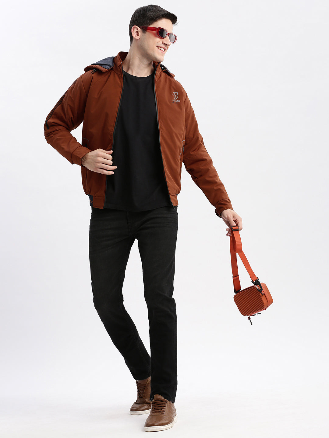 Men Solid Mock Collar Rust Bomber Jacket Comes with Detachable Hoodie