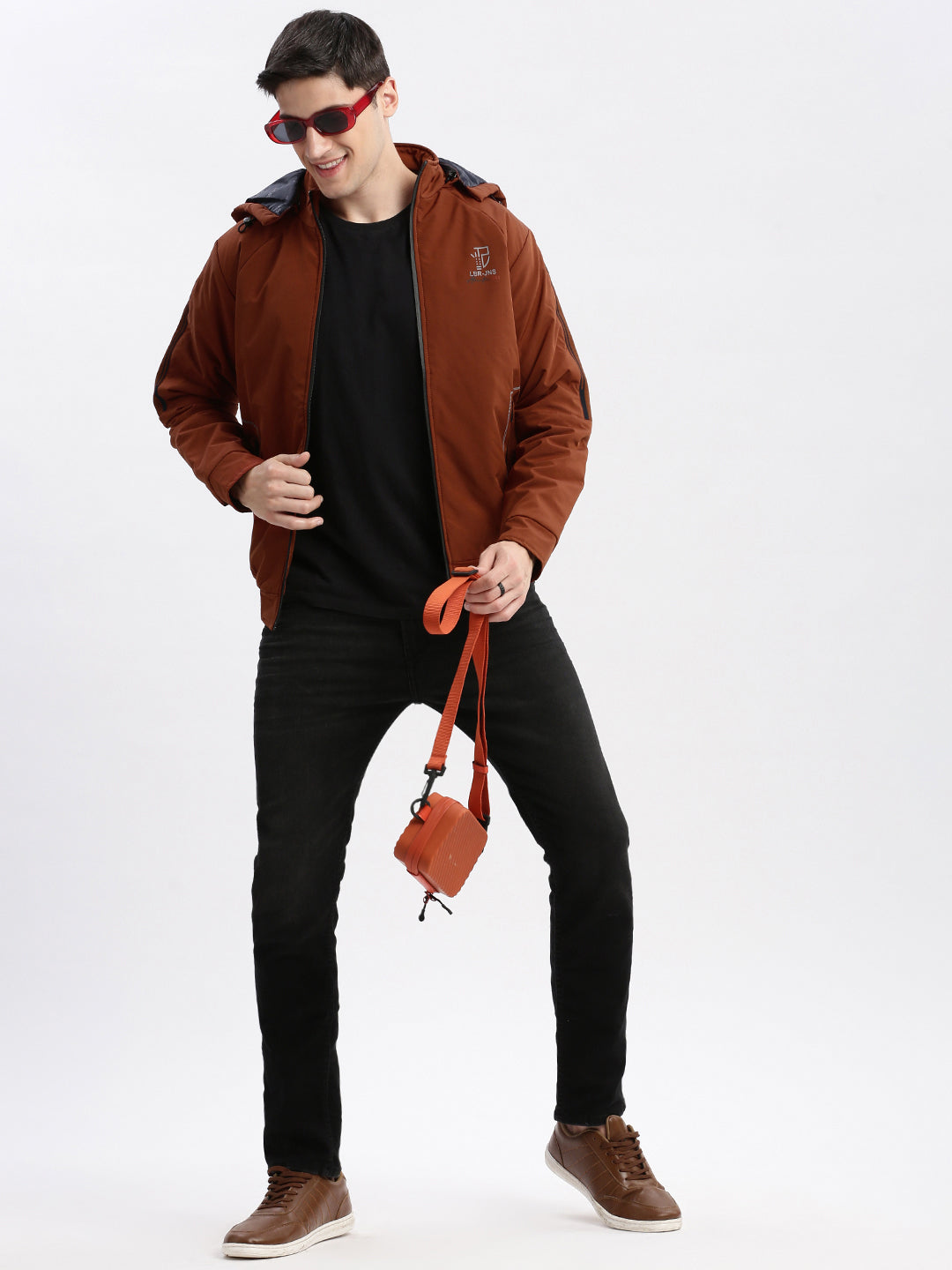 Men Solid Mock Collar Rust Bomber Jacket Comes with Detachable Hoodie