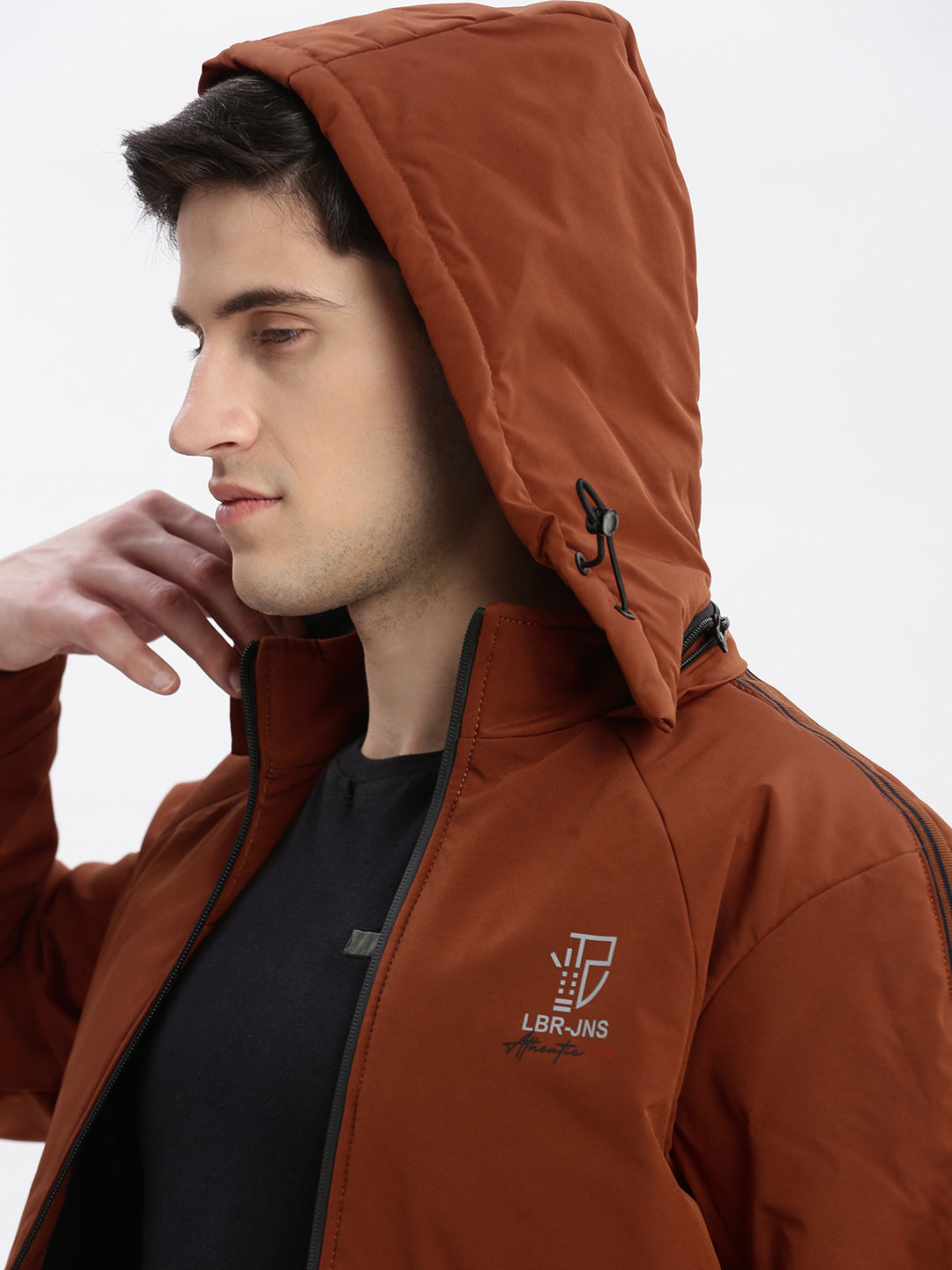 Men Solid Mock Collar Rust Bomber Jacket Comes with Detachable Hoodie