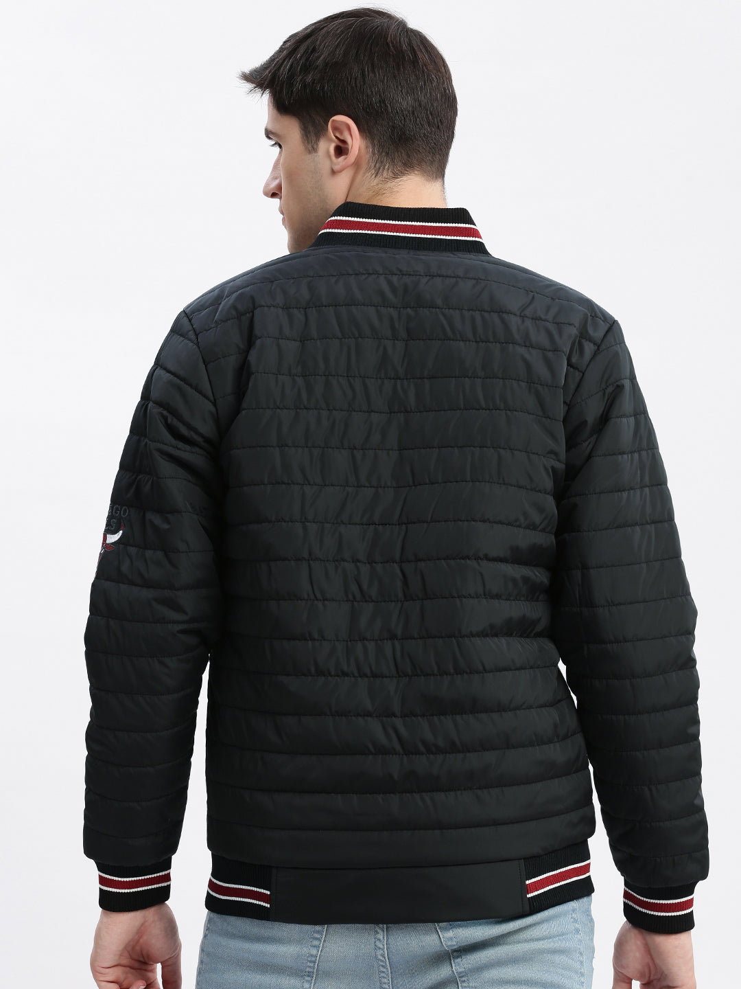 Men Typography Mandarin Collar Black Puffer Jacket