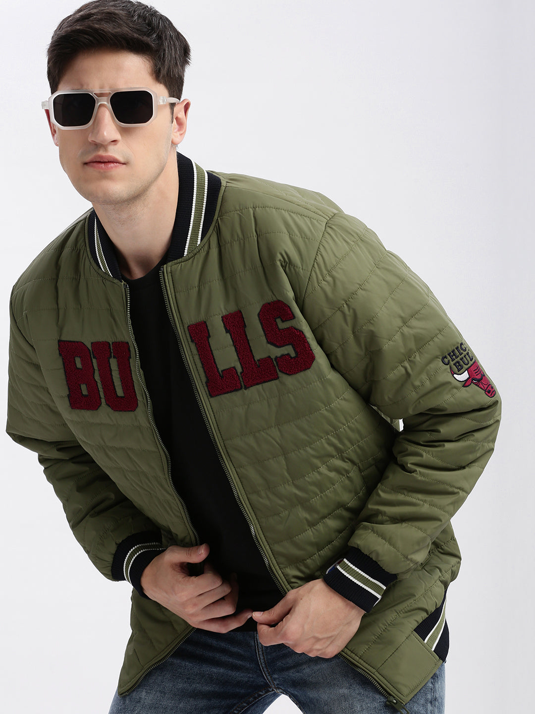 Men Typography Mandarin Collar Olive Puffer Jacket