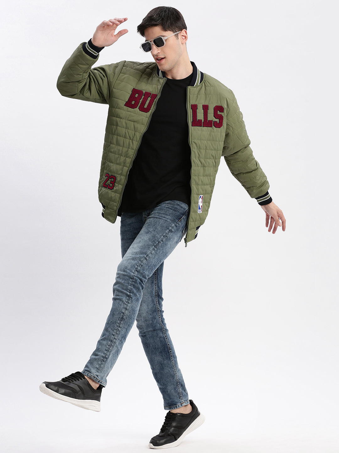 Men Typography Mandarin Collar Olive Puffer Jacket