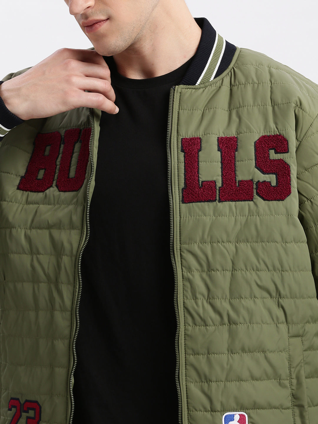 Men Typography Mandarin Collar Olive Puffer Jacket