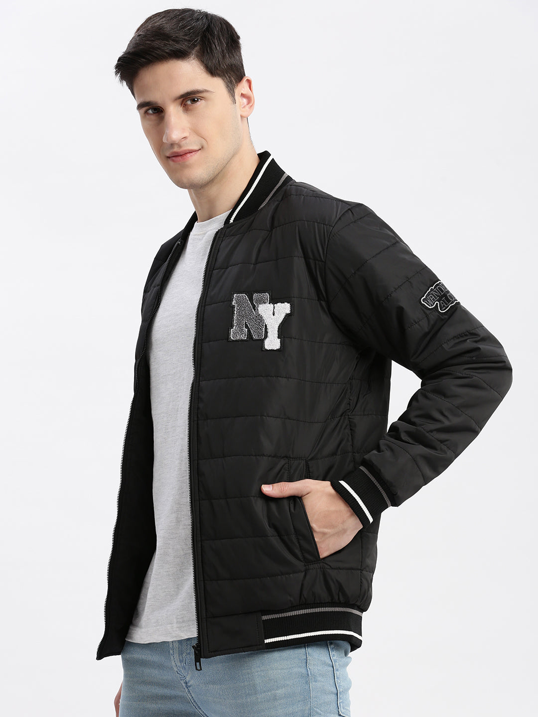 Men Typography Mandarin Collar Black Puffer Jacket