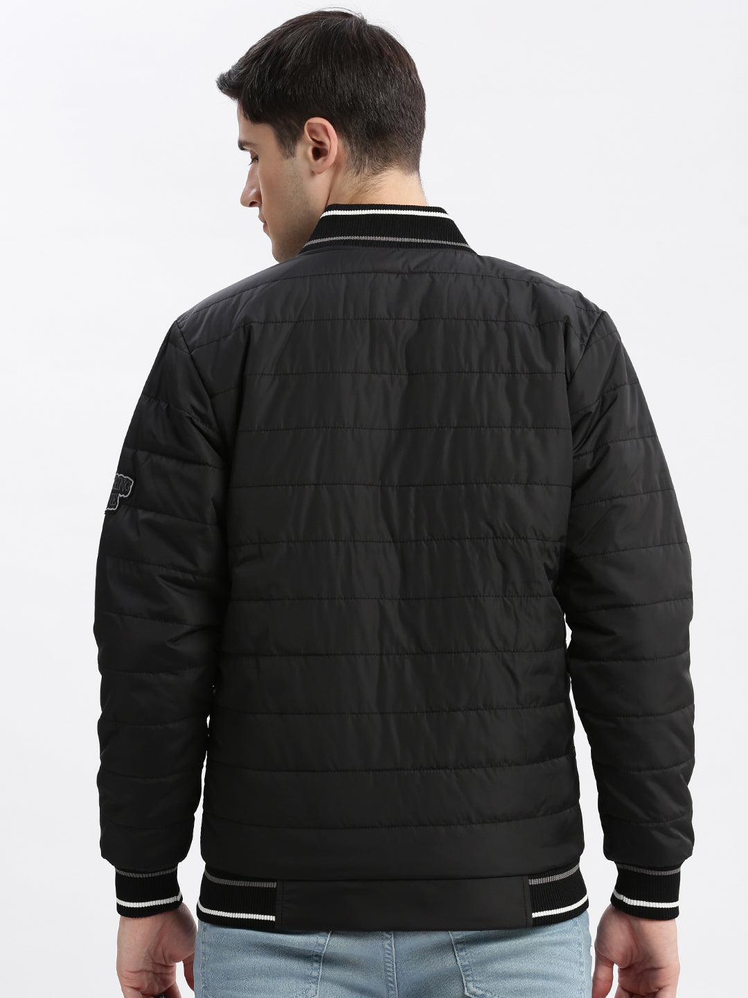 Men Typography Mandarin Collar Black Puffer Jacket