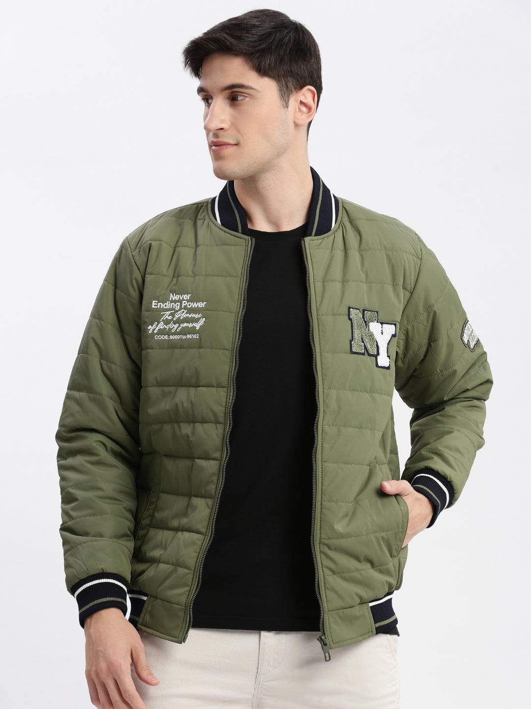 Men Typography Mandarin Collar Olive Puffer Jacket