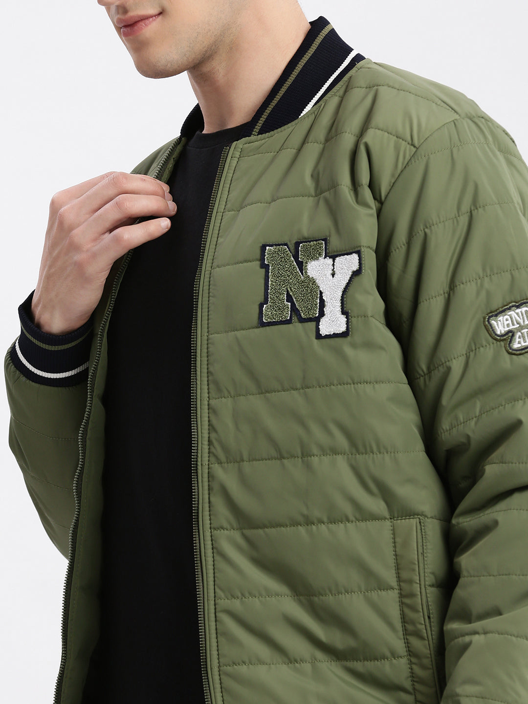 Men Typography Mandarin Collar Olive Puffer Jacket