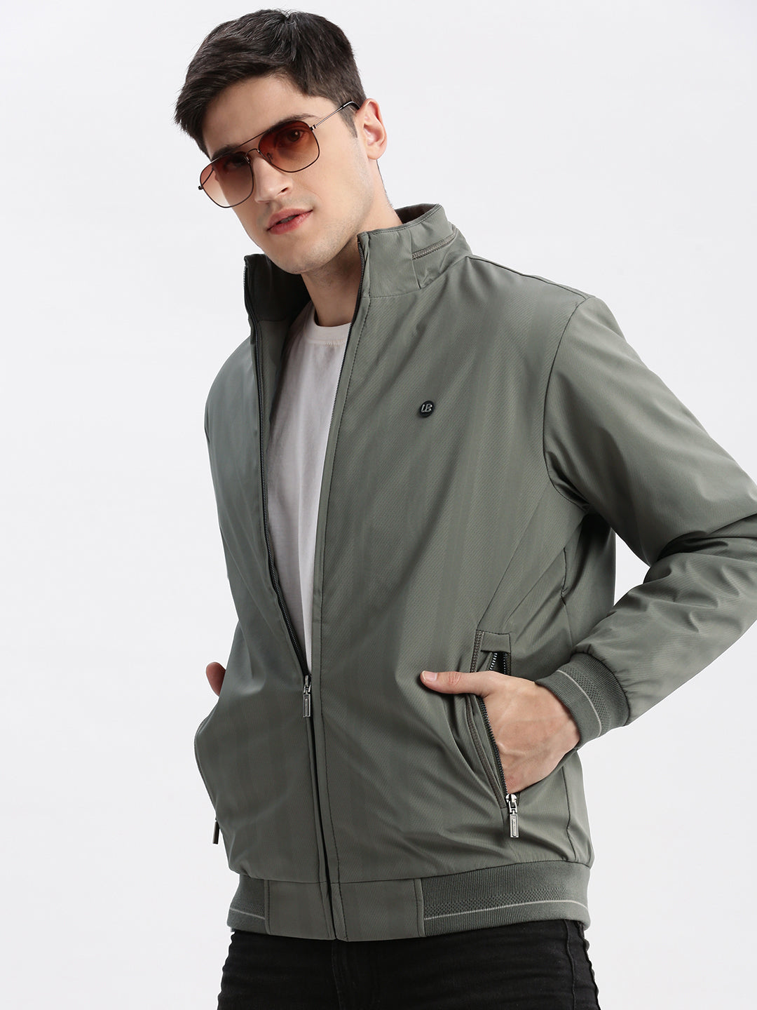 Men Geometric Mock Collar Olive Bomber Jacket