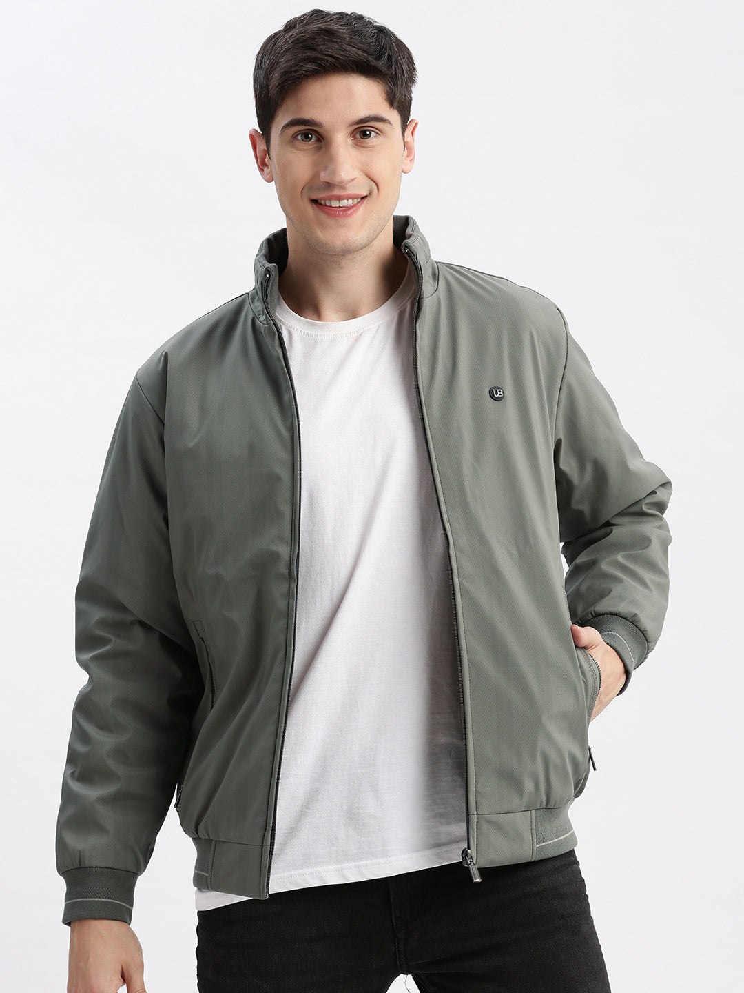 Men Geometric Mock Collar Olive Bomber Jacket