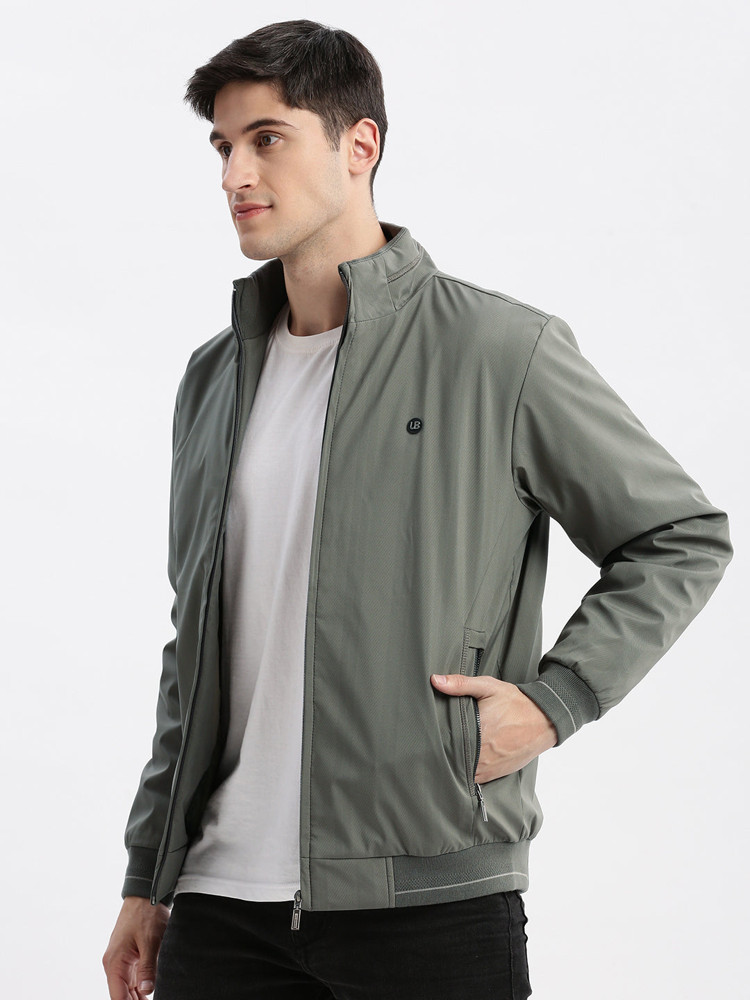 Men Geometric Mock Collar Olive Bomber Jacket