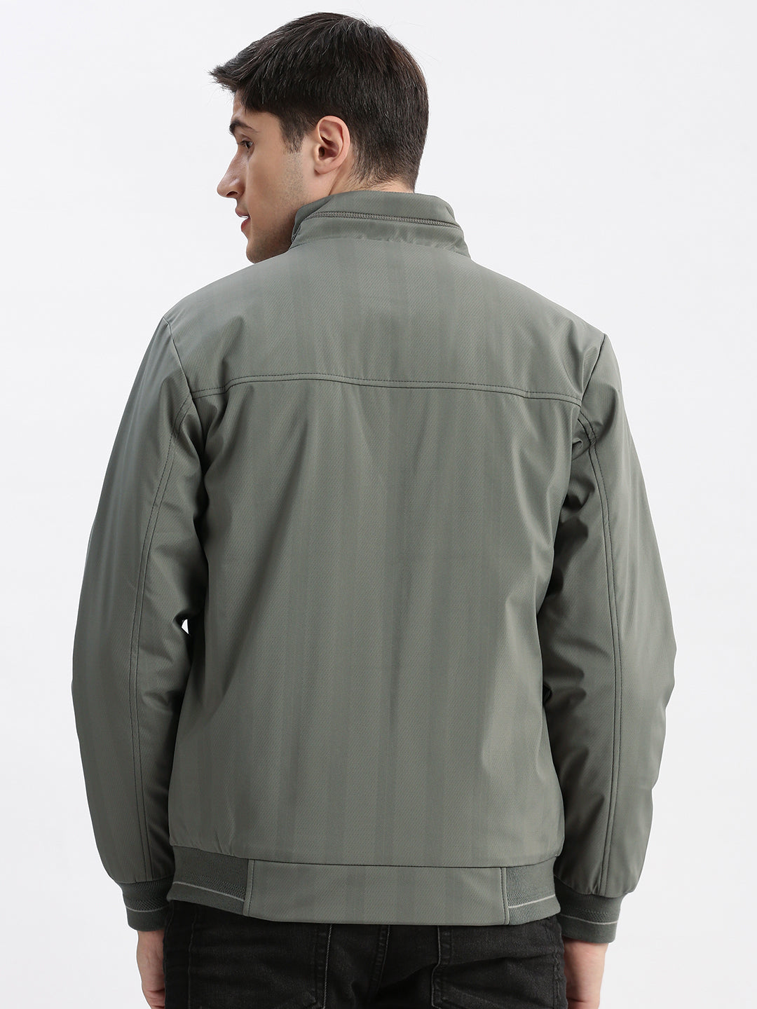 Men Geometric Mock Collar Olive Bomber Jacket