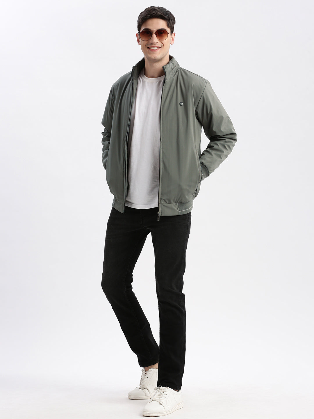 Men Geometric Mock Collar Olive Bomber Jacket