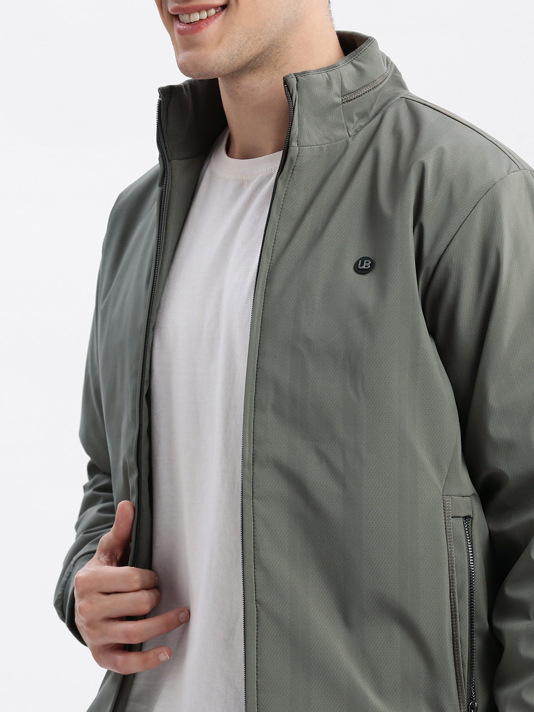 Men Geometric Mock Collar Olive Bomber Jacket