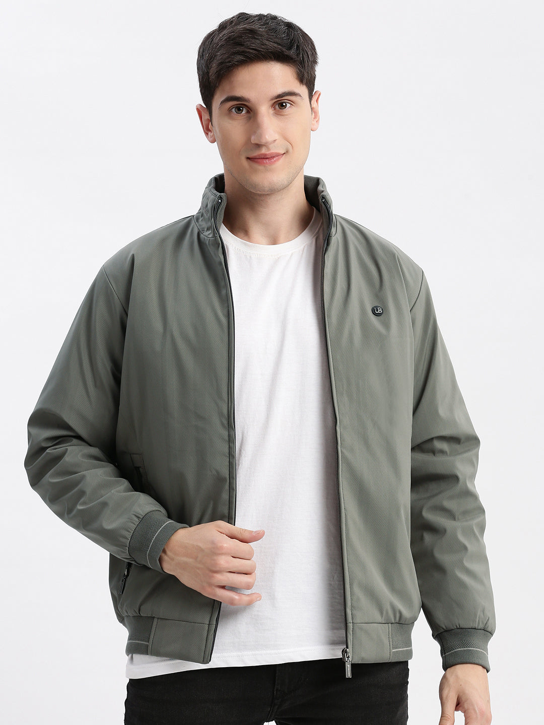 Men Geometric Mock Collar Olive Bomber Jacket