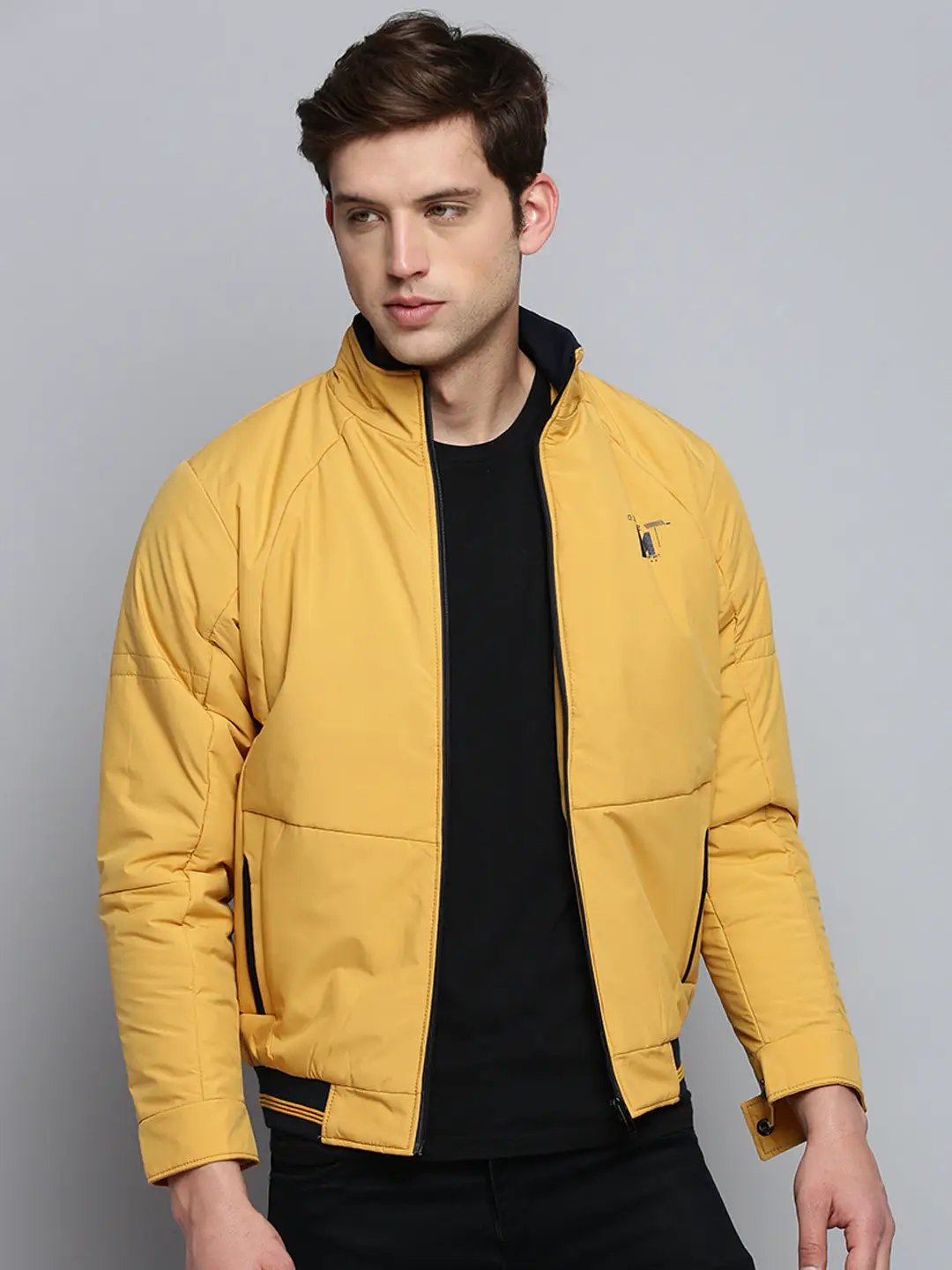 Men's Mock Collar Solid Yellow Padded Jacket