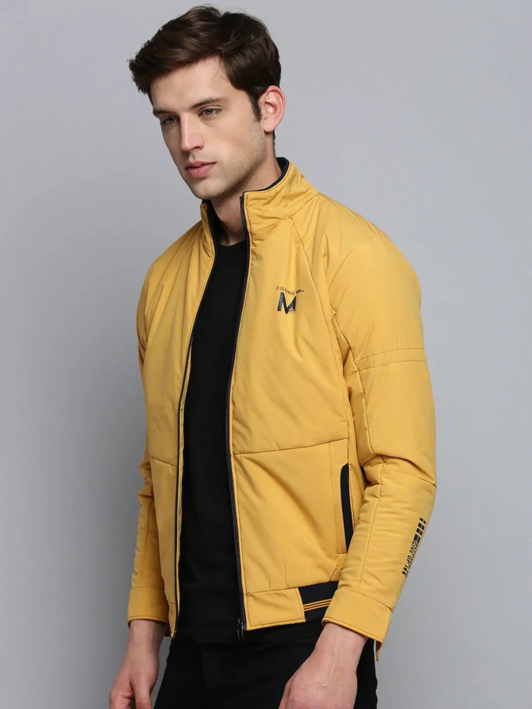 Men's Mock Collar Solid Yellow Padded Jacket