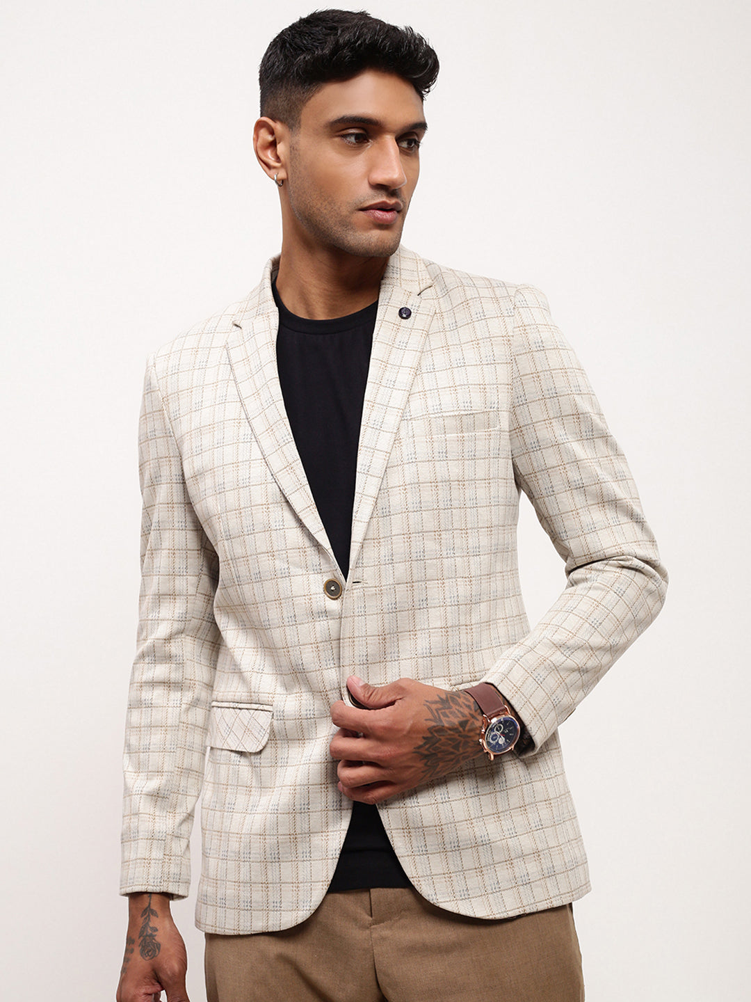 Men's Checked Cream Single-Breasted Slim Fit Blazer with Notched Lapel