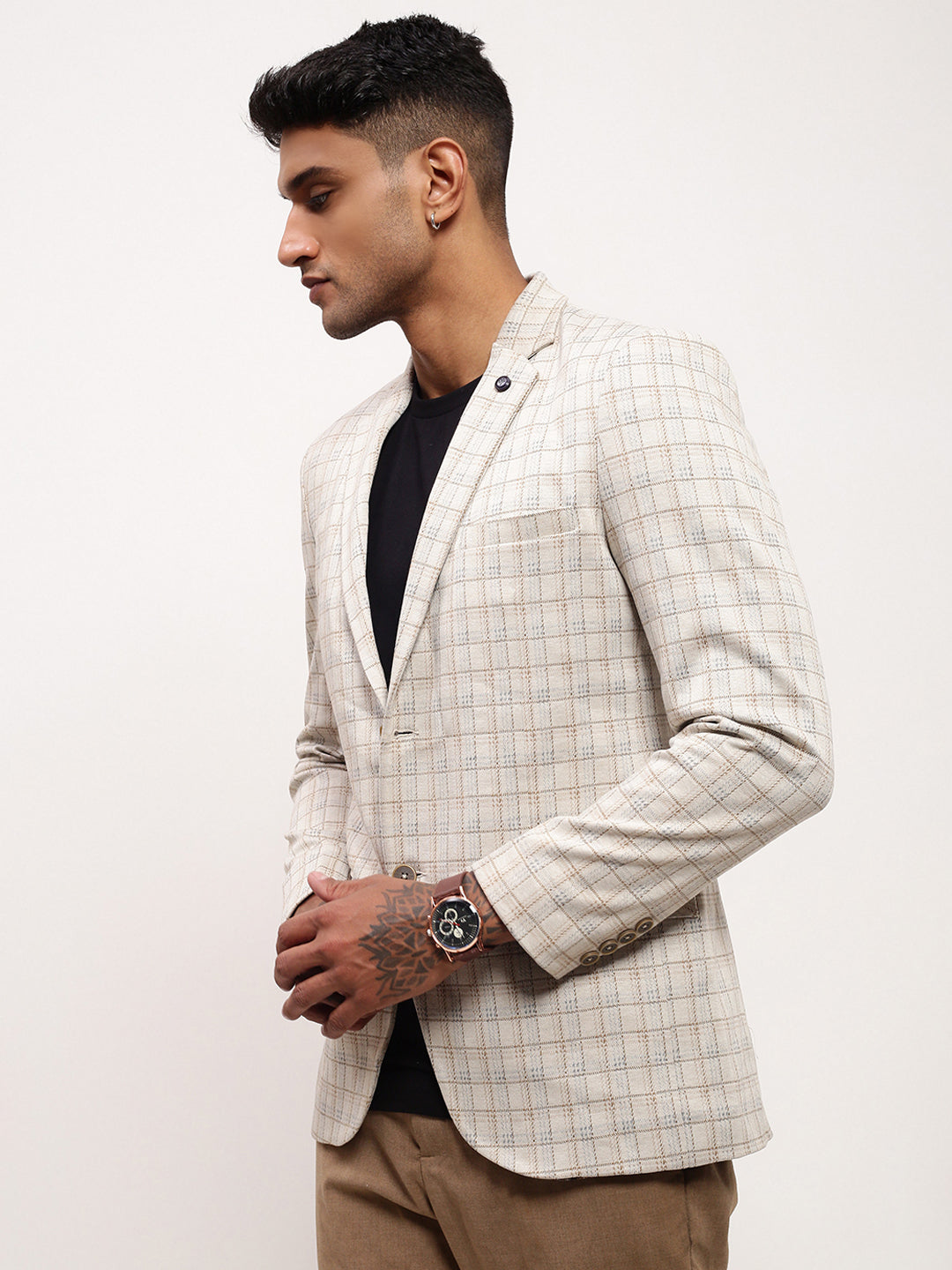 Men's Checked Cream Single-Breasted Slim Fit Blazer with Notched Lapel