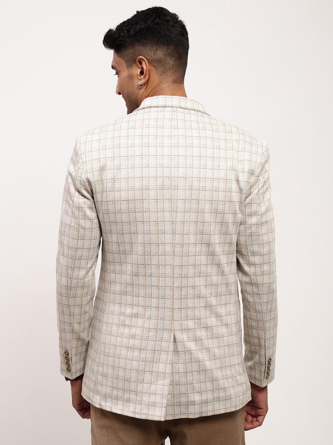 Men's Checked Cream Single-Breasted Slim Fit Blazer with Notched Lapel