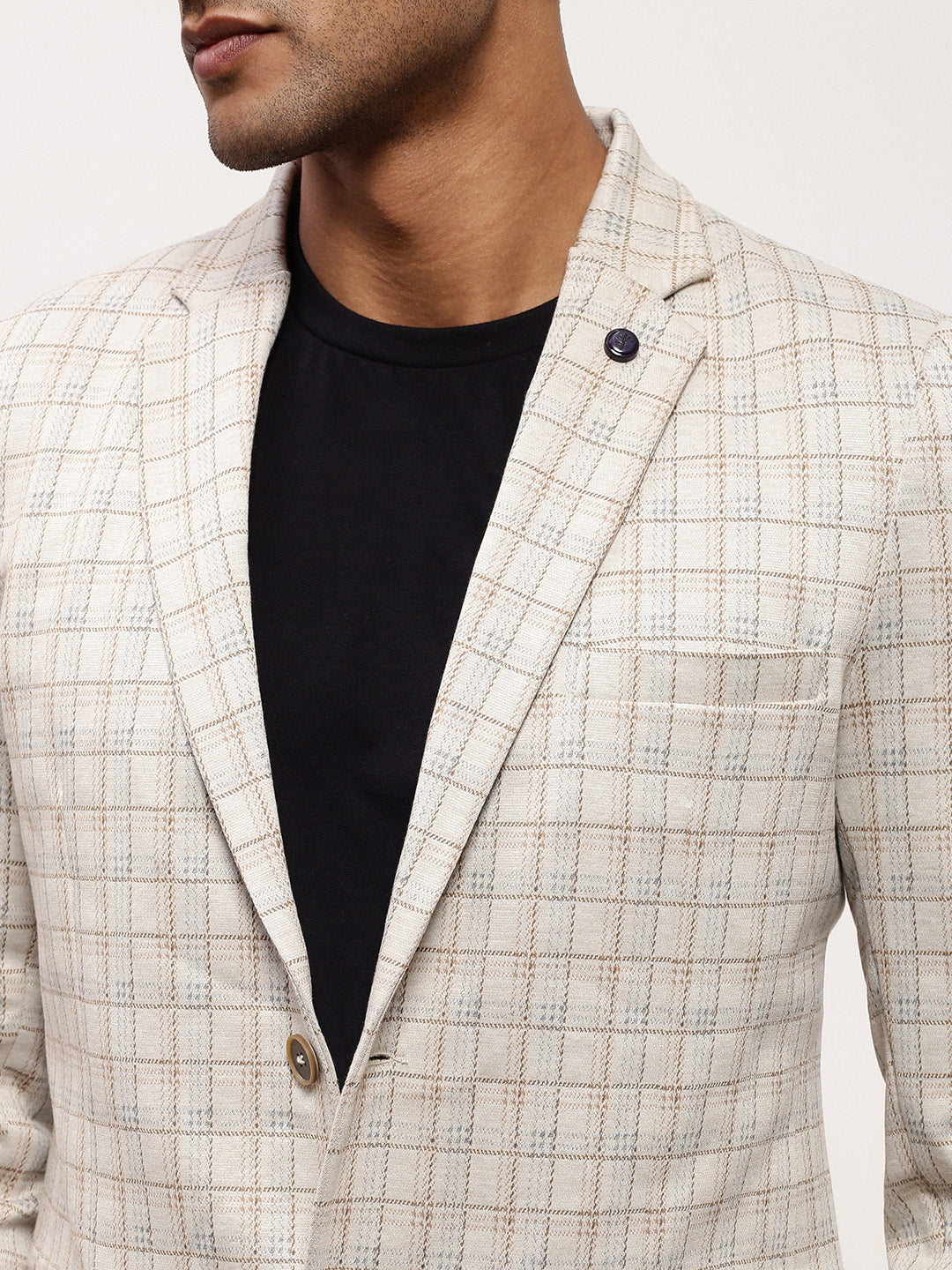 Men's Checked Cream Single-Breasted Slim Fit Blazer with Notched Lapel