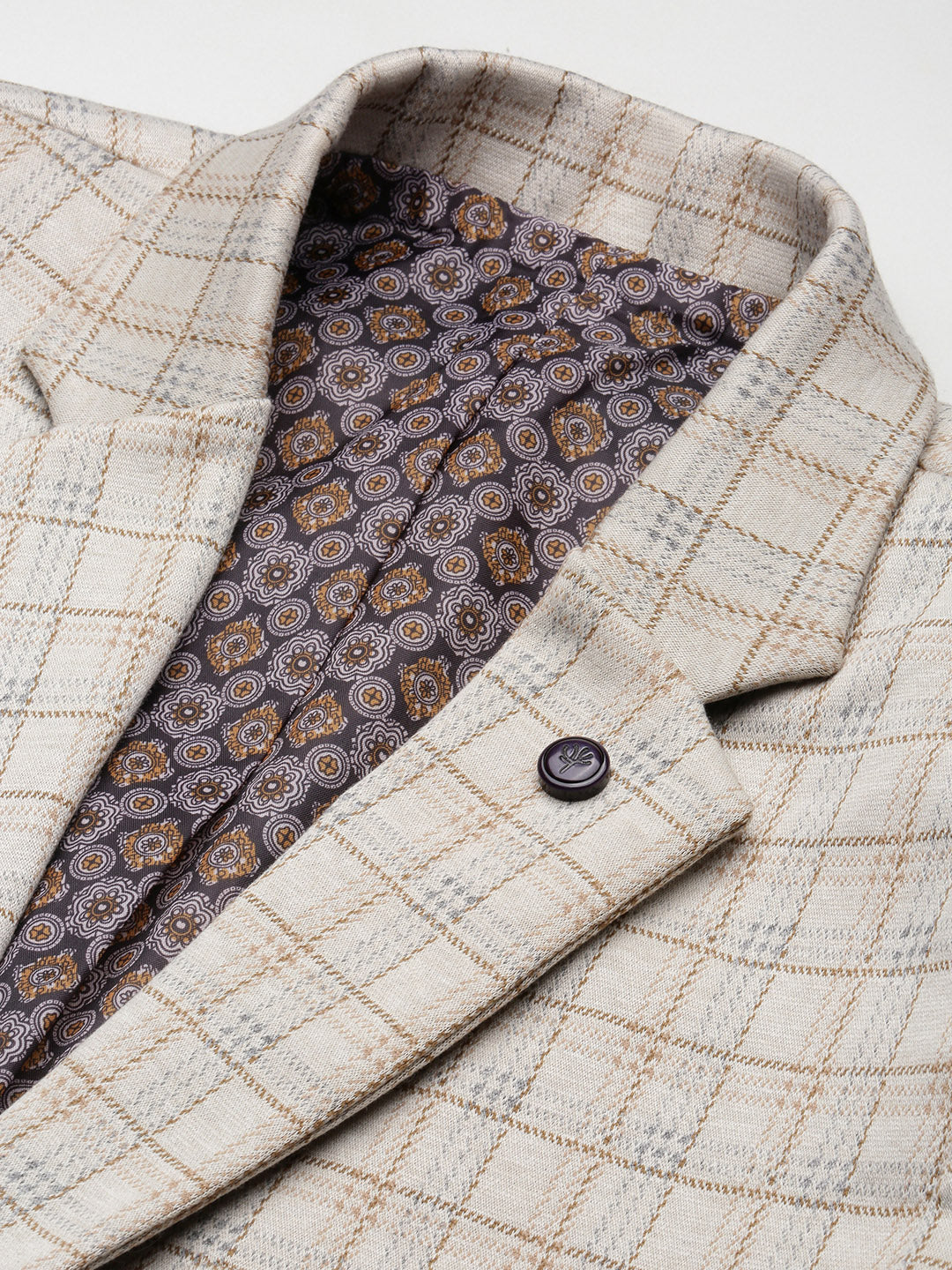 Men's Checked Cream Single-Breasted Slim Fit Blazer with Notched Lapel