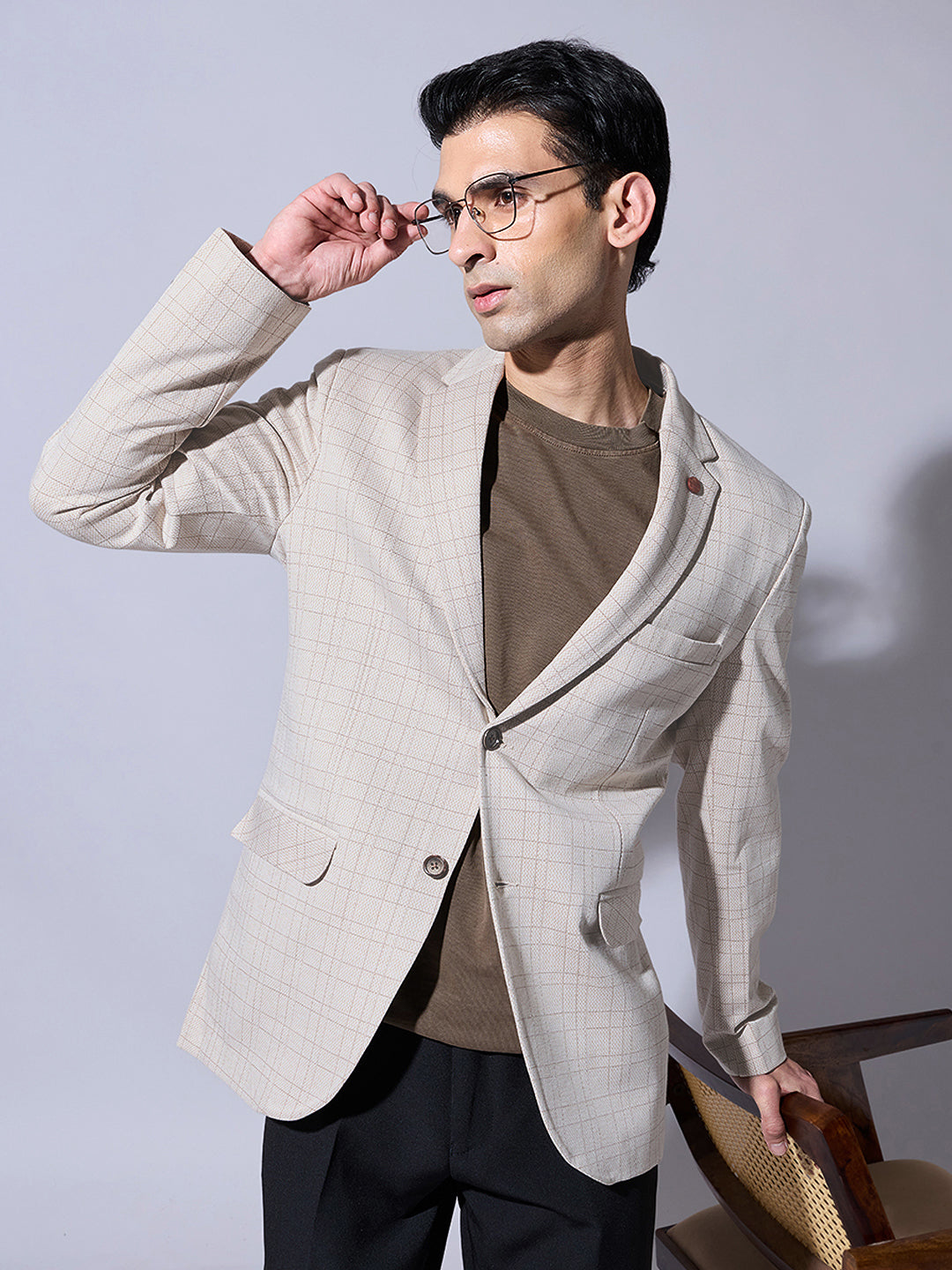 Men's Checked Beige Single  Blazer with Notch Lapel