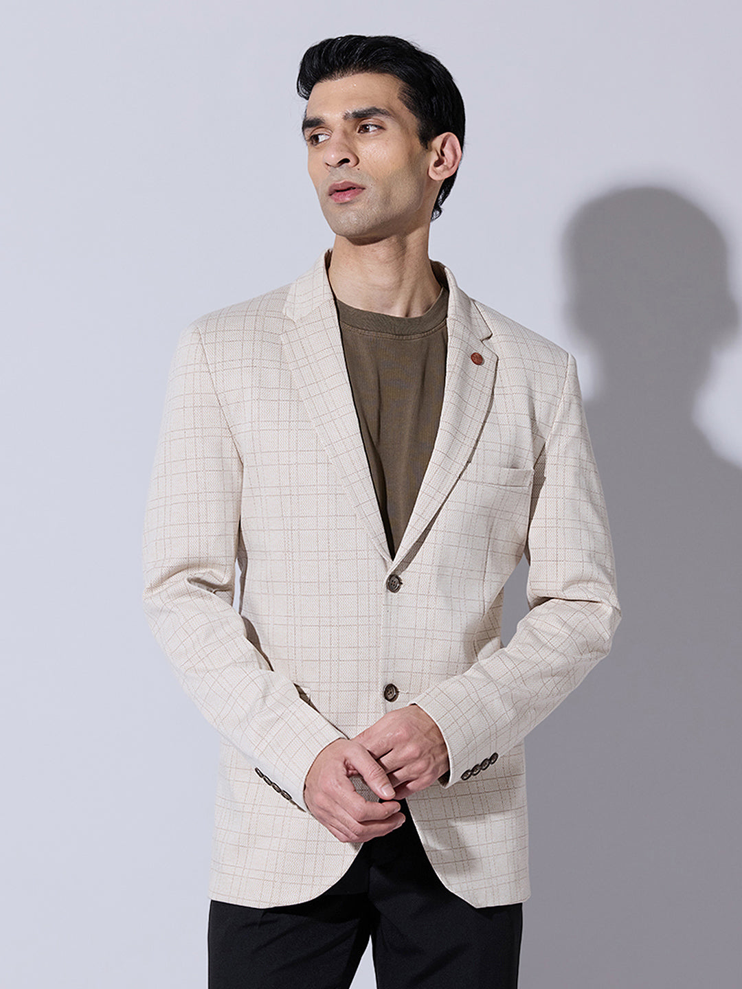 Men's Checked Beige Single  Blazer with Notch Lapel