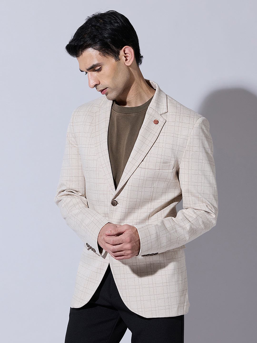 Men's Checked Beige Single  Blazer with Notch Lapel