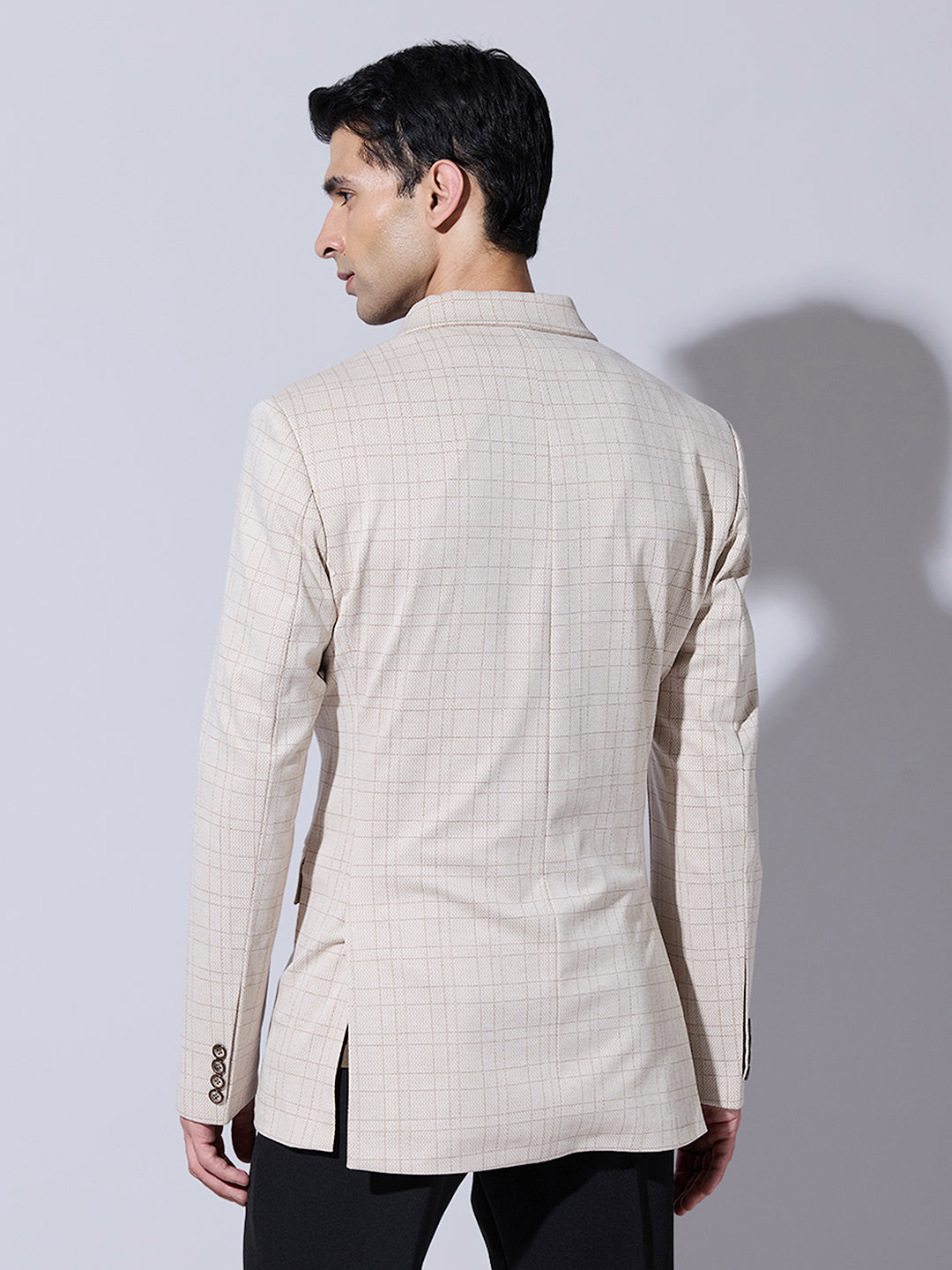 Men's Checked Beige Single  Blazer with Notch Lapel