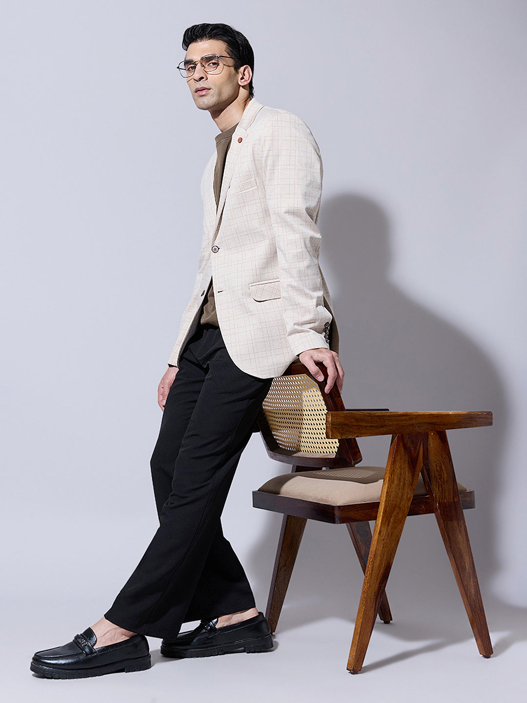 Men's Checked Beige Single  Blazer with Notch Lapel