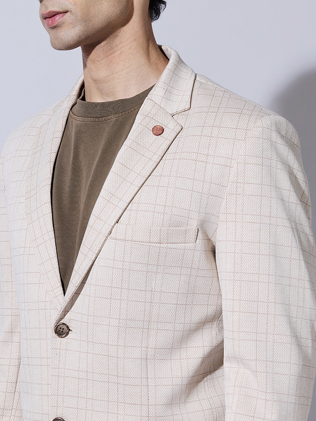 Men's Checked Beige Single  Blazer with Notch Lapel