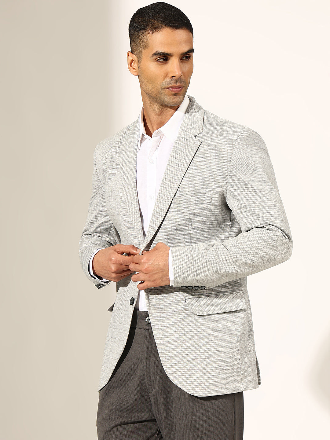 Men's Checked Grey Single-Breasted Blazer with Notched Lapel