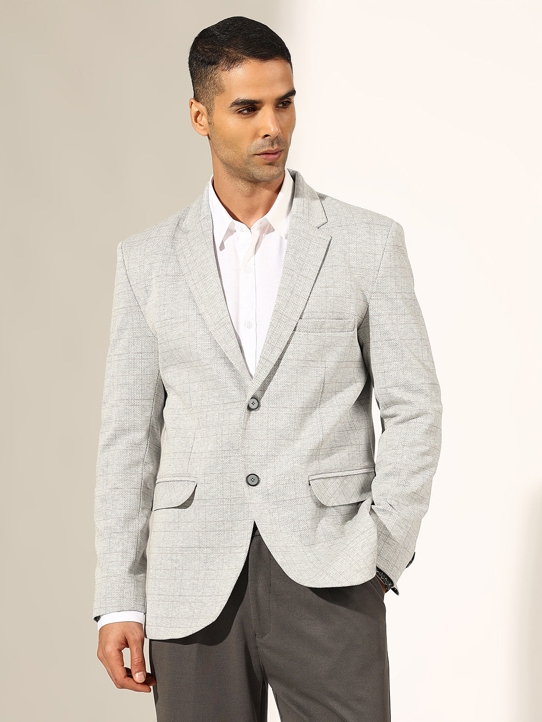 Men's Checked Grey Single-Breasted Blazer with Notched Lapel