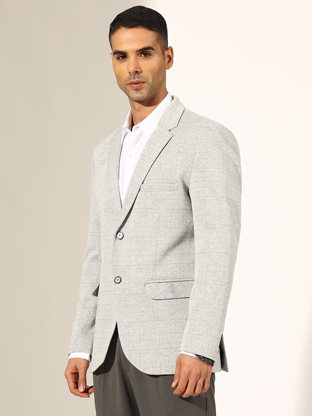 Men's Checked Grey Single-Breasted Blazer with Notched Lapel