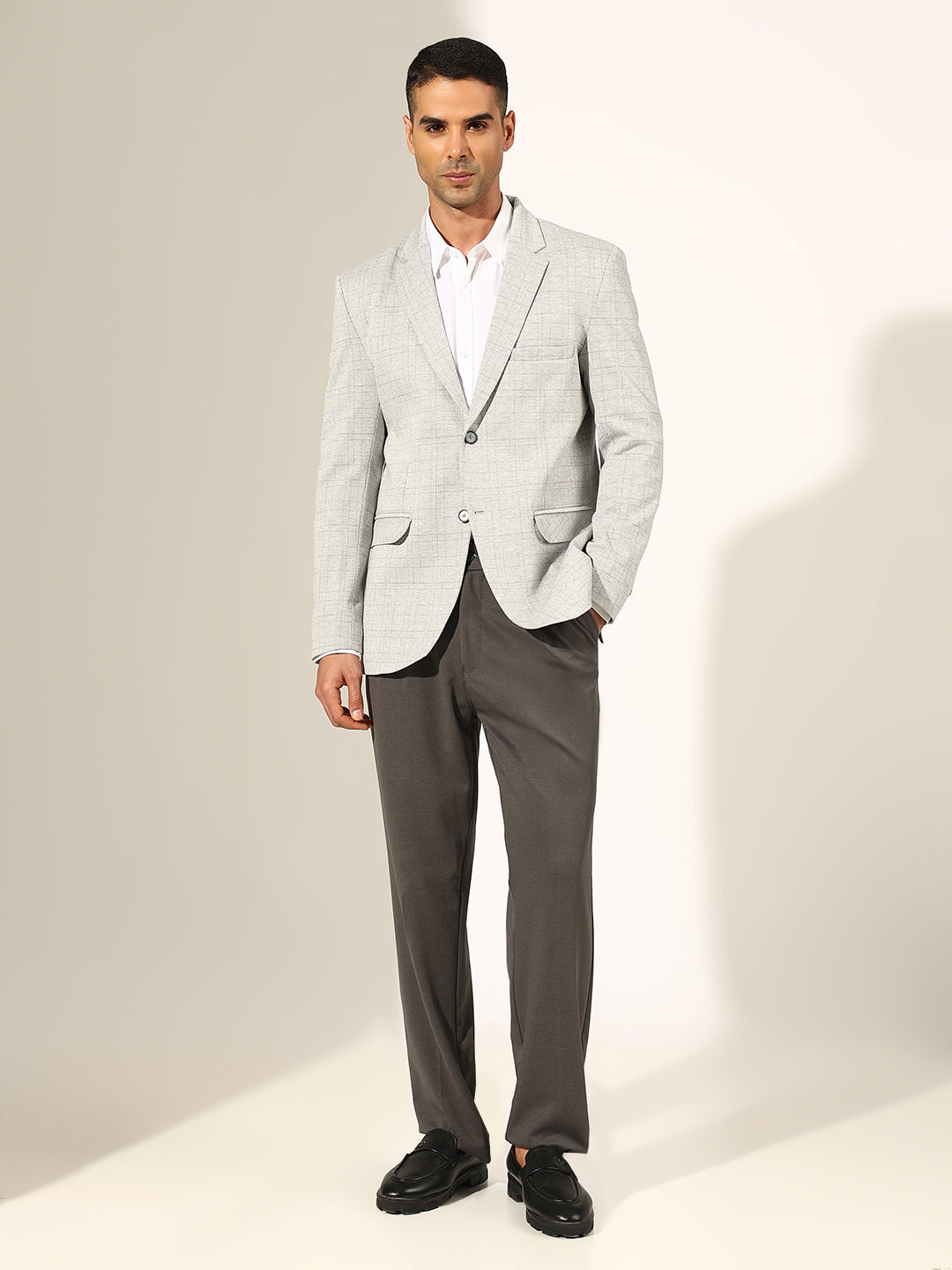 Men's Checked Grey Single-Breasted Blazer with Notched Lapel