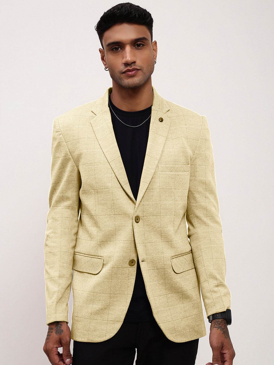 Men Cream Checked Single Breasted Blazer