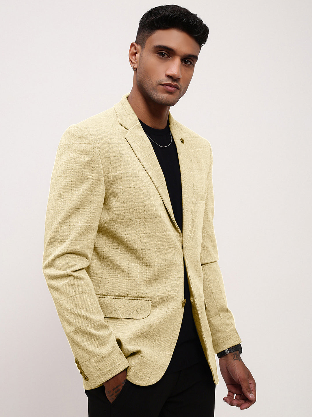 Men Cream Checked Single Breasted Blazer