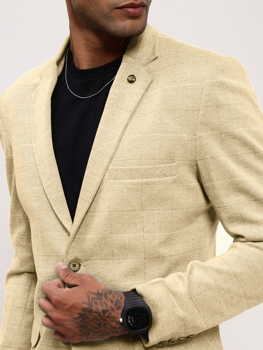 Men Cream Checked Single Breasted Blazer