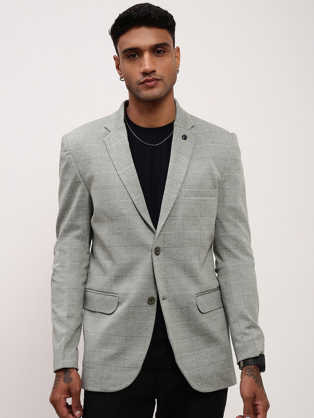 Men Grey Checked Single Breasted Blazer