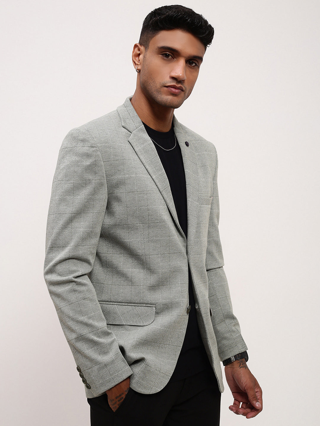 Men Grey Checked Single Breasted Blazer