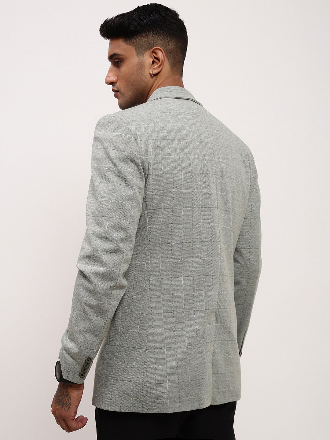 Men Grey Checked Single Breasted Blazer