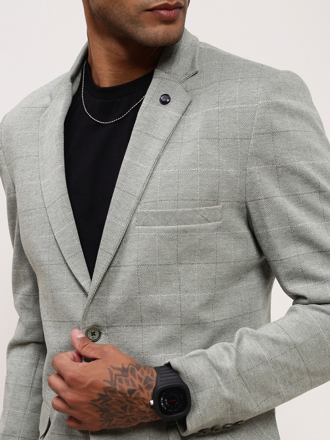 Men Grey Checked Single Breasted Blazer