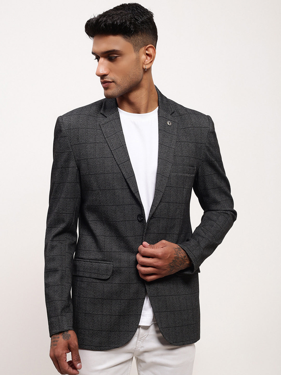 Men Grey Checked Single Breasted Blazer