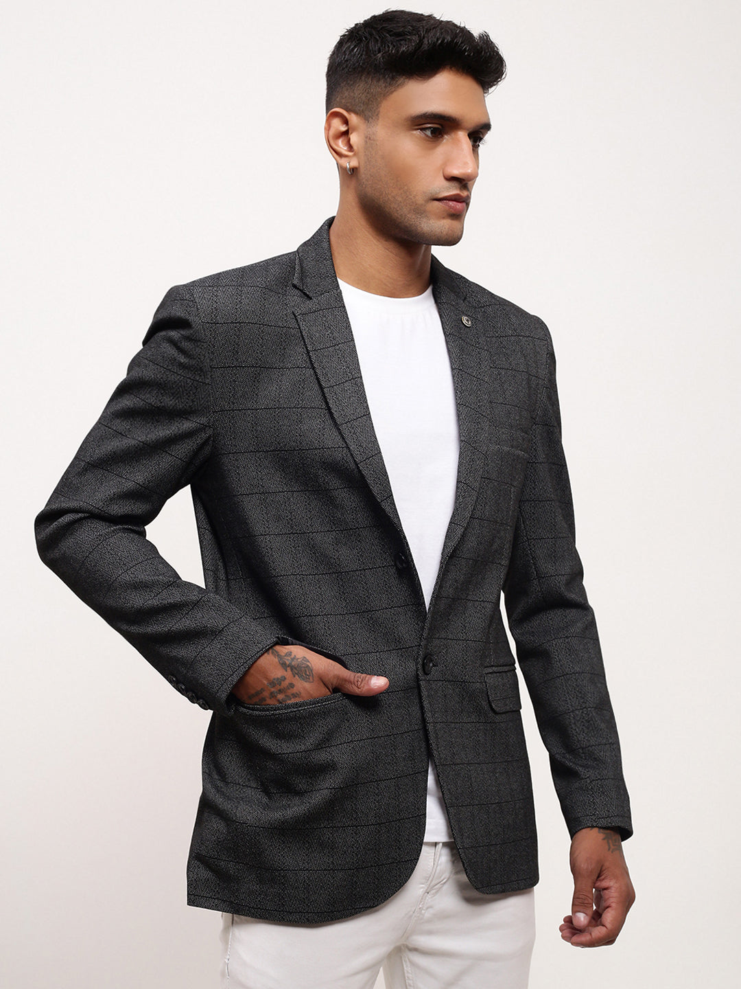 Men Grey Checked Single Breasted Blazer